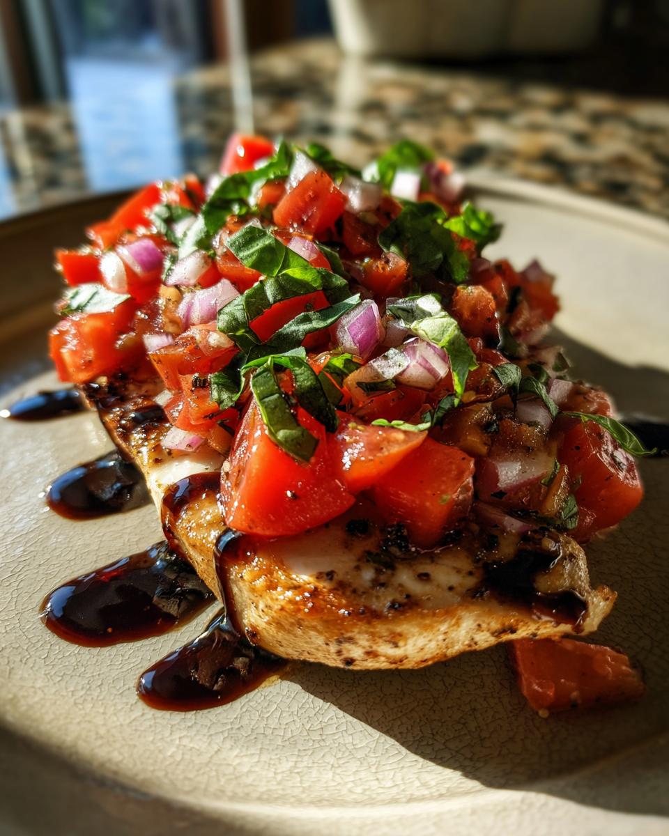 A delicious bite of Bruschetta Chicken Breast topped with fresh tomatoes, red onion, and basil, drizzled with balsamic glaze.