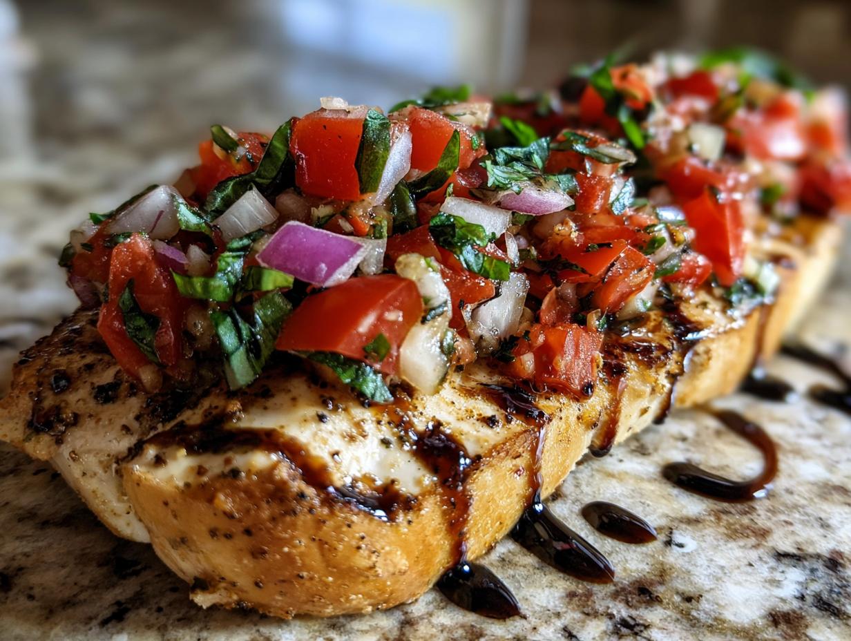A close-up of a grilled chicken breast topped with fresh bruschetta mixture of tomatoes, red onion, and basil, drizzled with balsamic glaze.