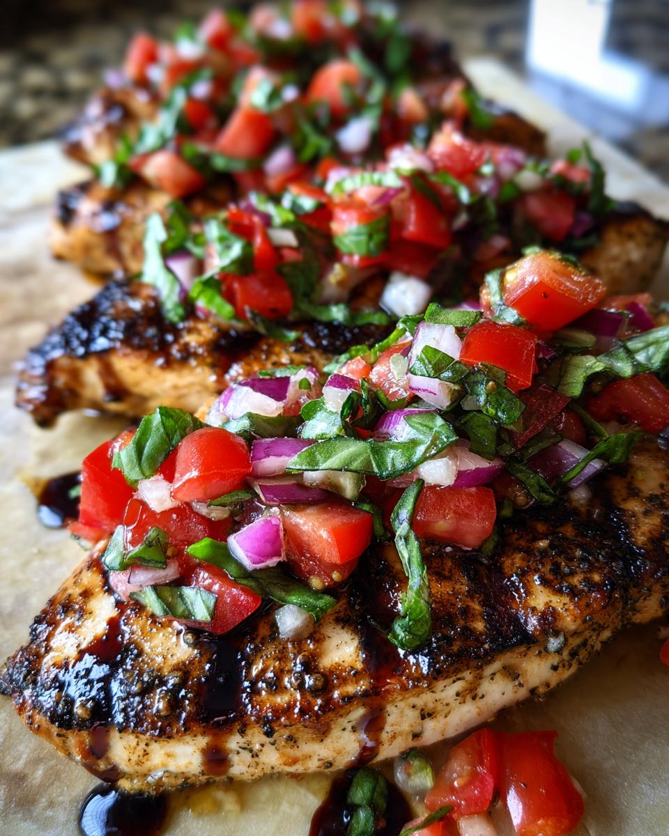 Close-up of grilled chicken breast topped with fresh bruschetta mixture of tomatoes, red onion, and basil.
