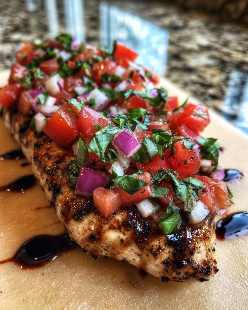 A grilled chicken breast topped with fresh tomato, red onion, and basil bruschetta, drizzled with balsamic glaze.