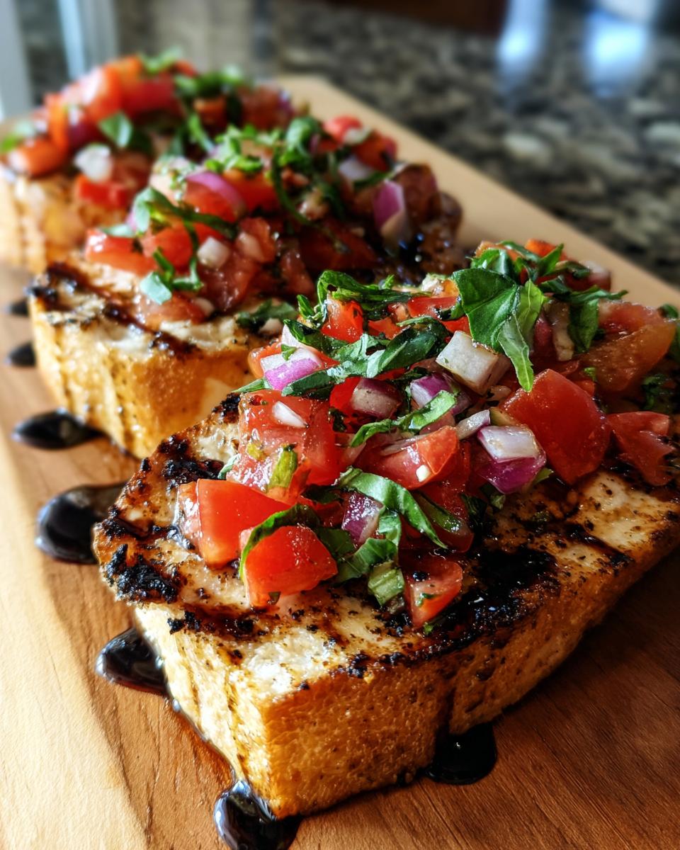 Close-up of grilled chicken breast topped with fresh tomato, red onion, and basil bruschetta mixture.