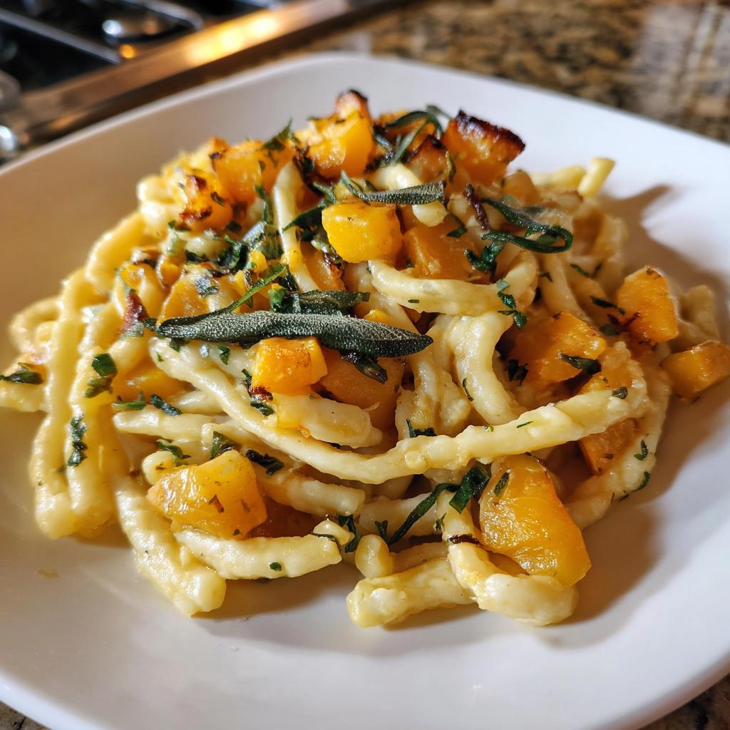 A close-up of butternut squash pasta with crispy sage leaves and chopped herbs, served on a white plate.