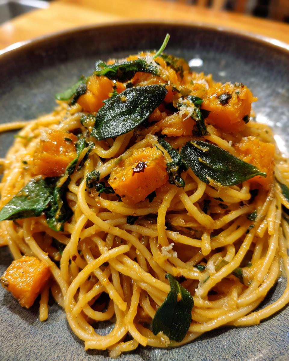 A close-up of spaghetti pasta tossed with roasted butternut squash and crispy sage leaves.