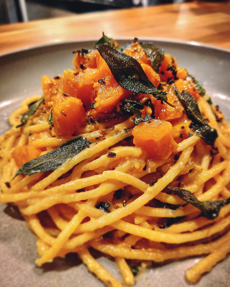A close-up of spaghetti tossed with creamy butternut squash sauce, topped with diced squash and crispy sage leaves.