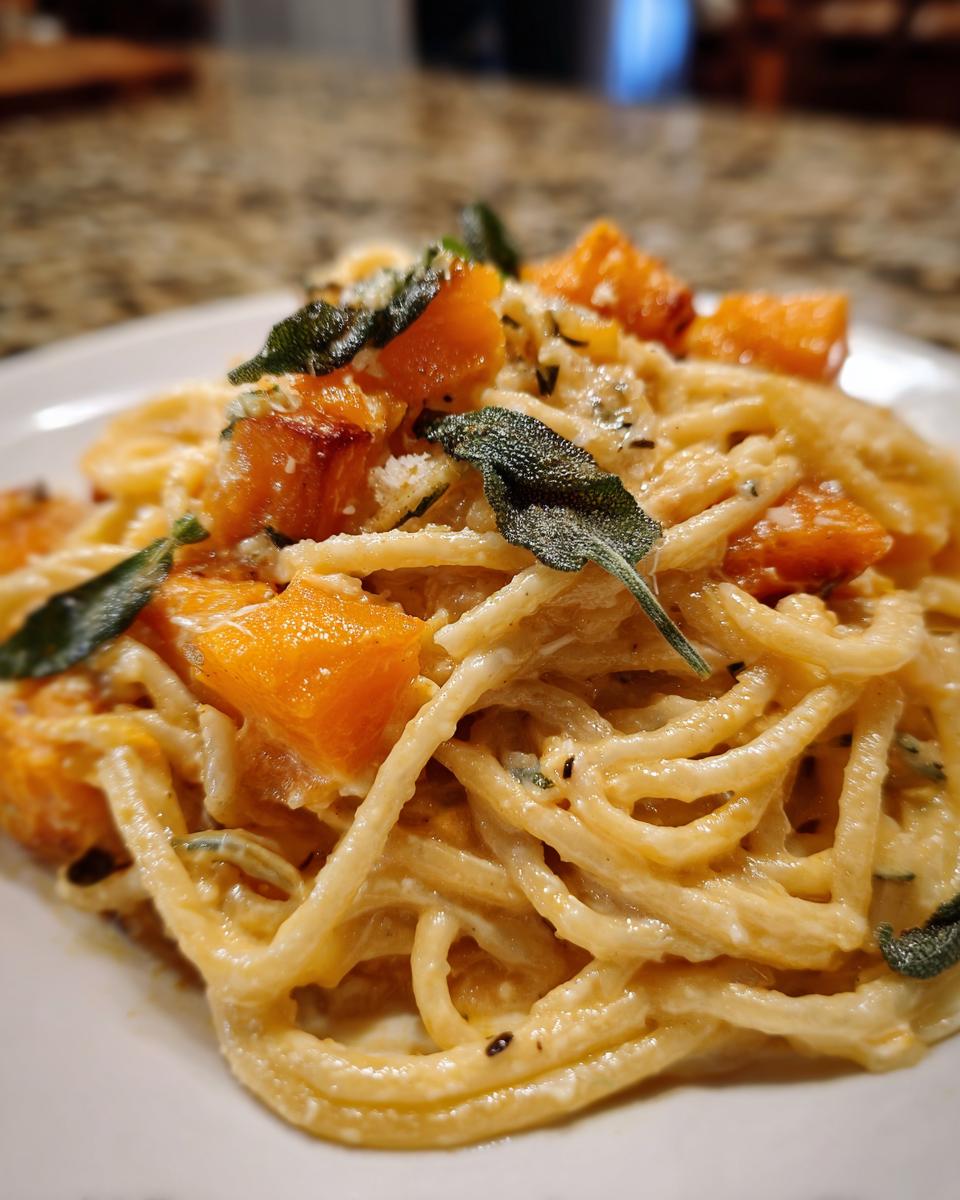 Close-up of spaghetti tossed in a creamy sauce with chunks of butternut squash and crispy sage leaves.