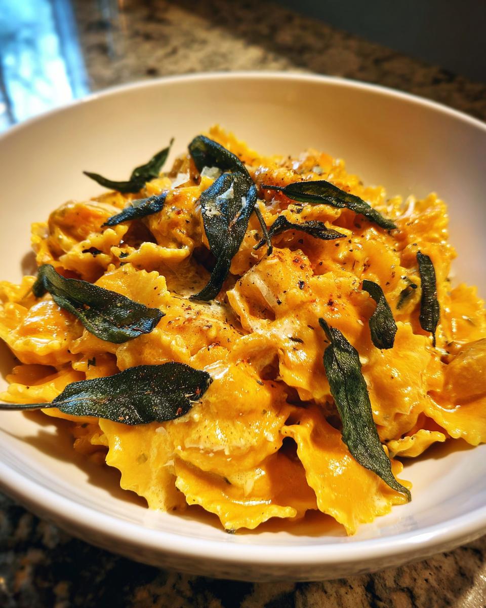 Close-up of farfalle pasta in a creamy butternut squash sauce, topped with crispy sage leaves.