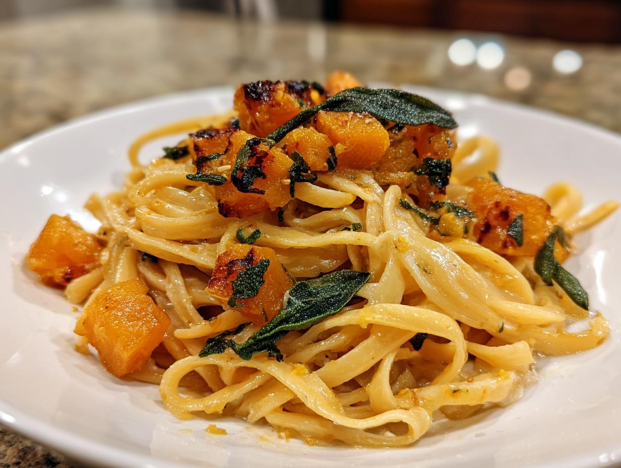 Close-up of fettuccine pasta tossed with creamy sauce, topped with roasted butternut squash cubes and crispy sage leaves.