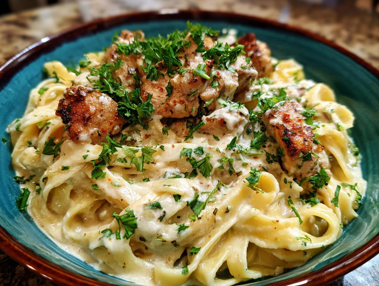 A bowl of creamy fettuccine pasta topped with seasoned Cajun chicken breast pieces and fresh parsley.