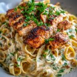 Close-up of sliced Cajun seasoned chicken breast served over creamy fettuccine alfredo, garnished with parsley.