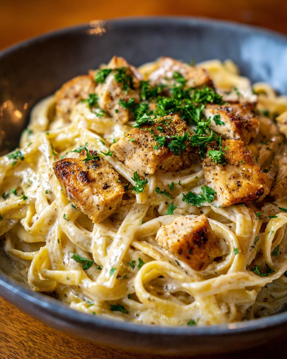 A close-up of creamy fettuccine pasta topped with seasoned Cajun chicken breast pieces and fresh parsley.