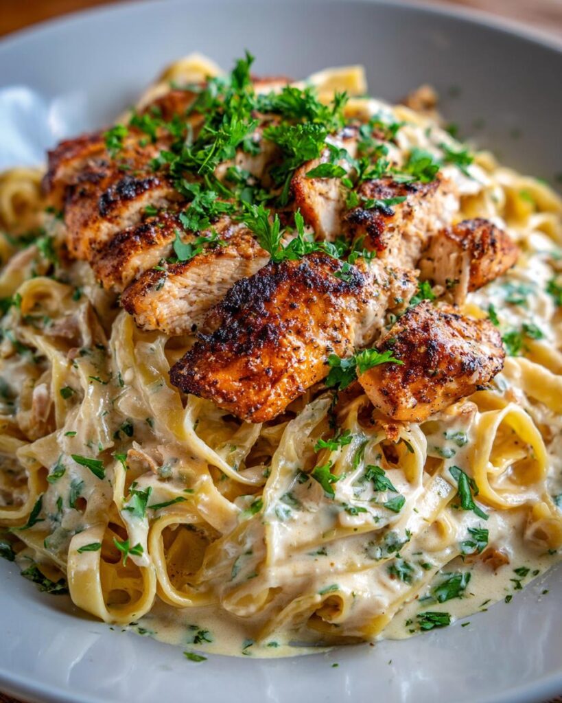 Close-up of sliced Cajun seasoned chicken breast served over creamy fettuccine alfredo, garnished with parsley.