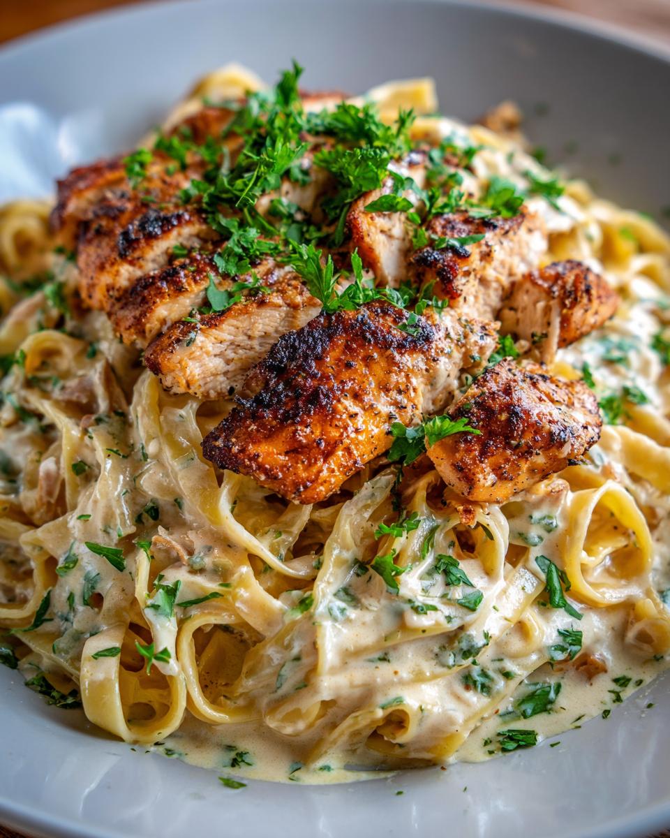 Close-up of sliced Cajun seasoned chicken breast served over creamy fettuccine alfredo, garnished with parsley.