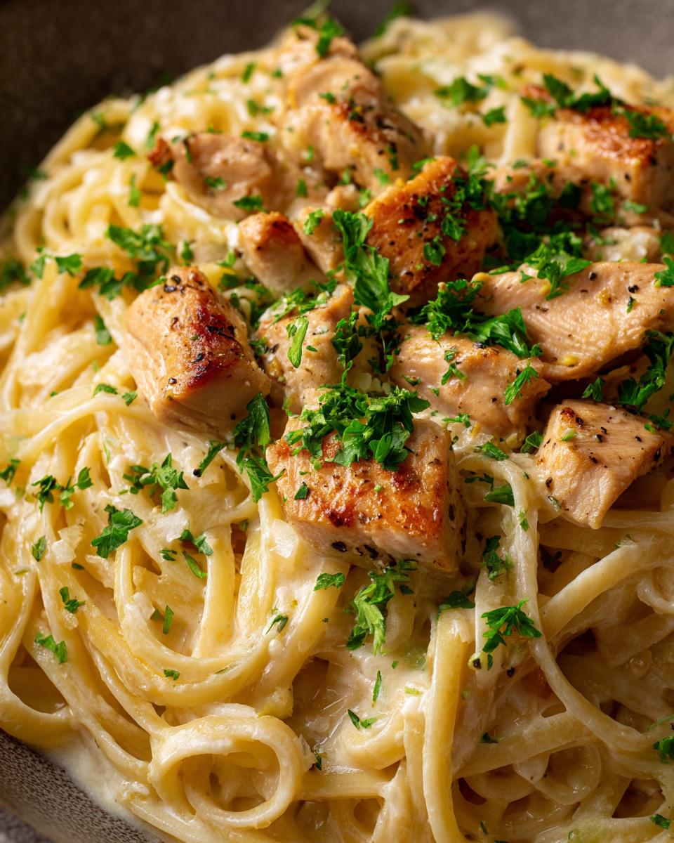 Close-up of Cajun chicken breast pieces atop creamy fettuccine alfredo, garnished with fresh parsley.