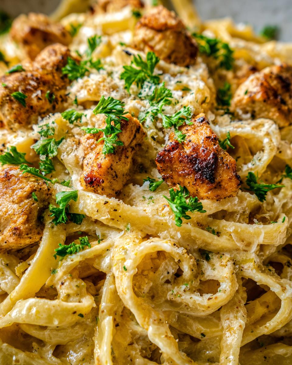 Close-up of Cajun Chicken Alfredo pasta with fettuccine noodles, seasoned chicken pieces, and fresh parsley.