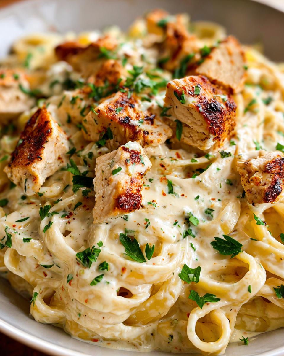 Close-up of creamy Cajun Chicken Alfredo pasta topped with seasoned chicken pieces and fresh parsley.