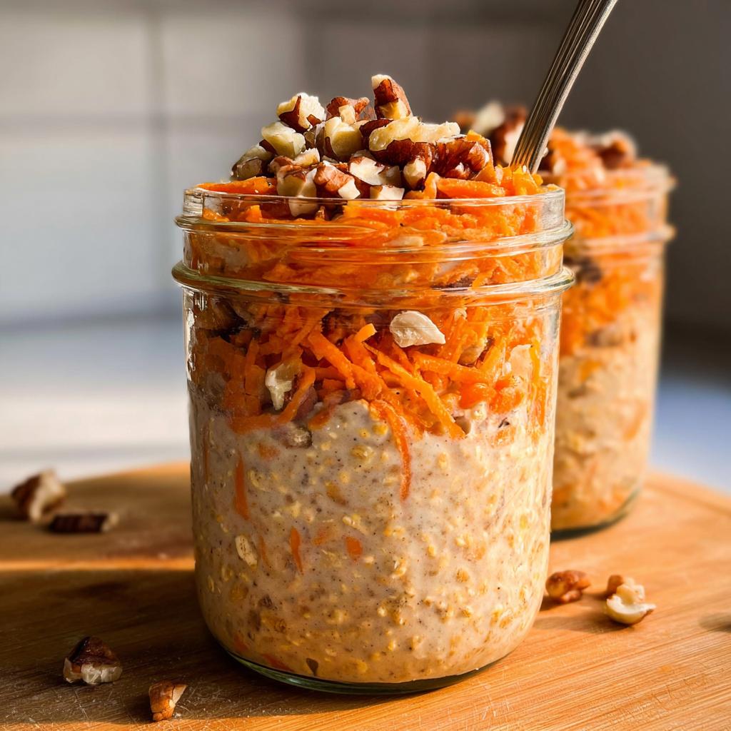 Close-up of Carrot Cake Overnight Oats in a jar, topped with shredded carrots and chopped nuts.