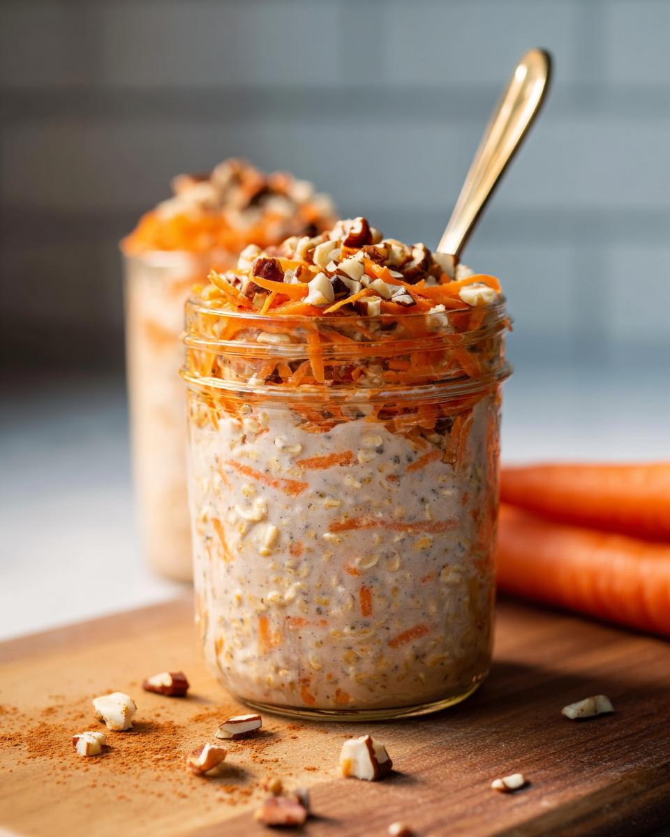 Close-up of a jar filled with Carrot Cake Overnight Oats, topped with shredded carrots and nuts.