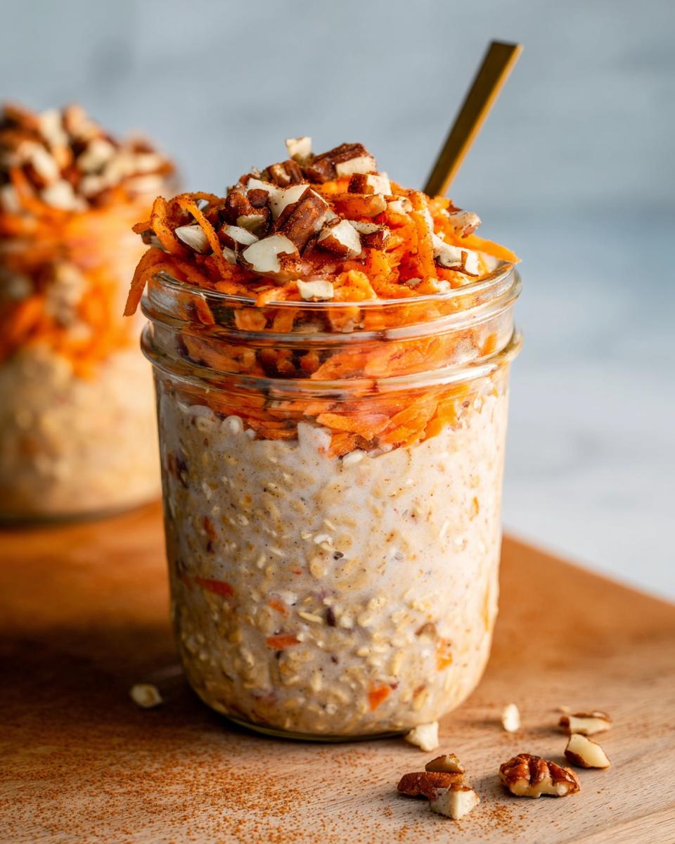 Close-up of Carrot Cake Overnight Oats in a mason jar, topped with shredded carrots and chopped nuts.