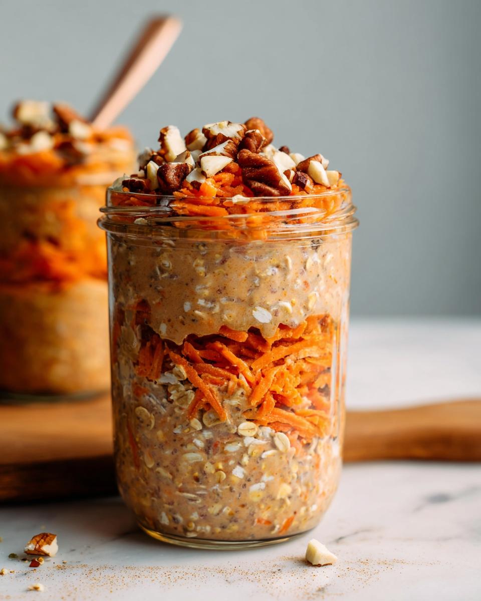 Close-up of Carrot Cake Overnight Oats in a jar, layered with shredded carrots and topped with nuts.