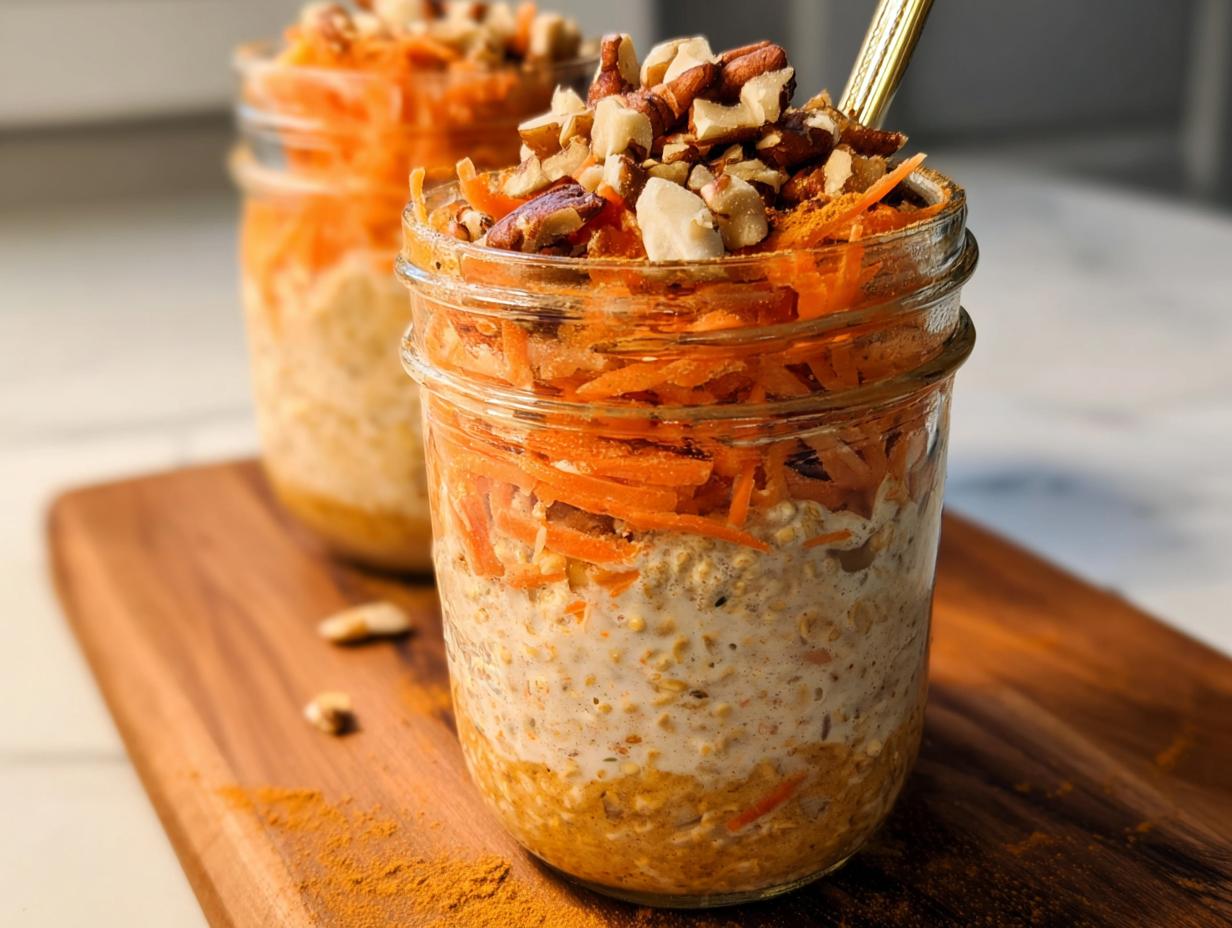 Close-up of Carrot Cake Overnight Oats in a glass jar, topped with shredded carrots and nuts.