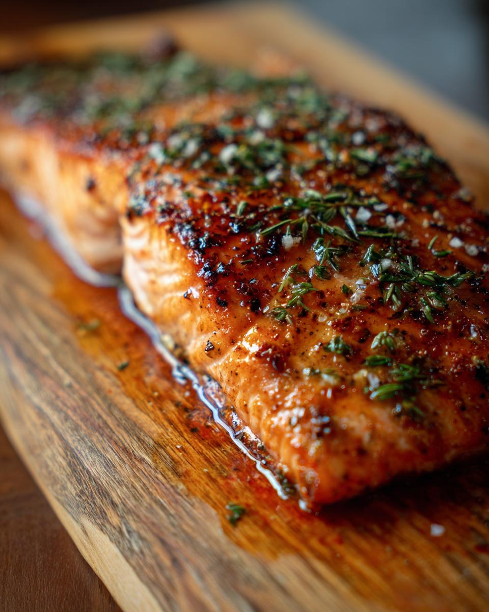 Close-up of a perfectly grilled cedar plank salmon fillet seasoned with fresh herbs and spices.