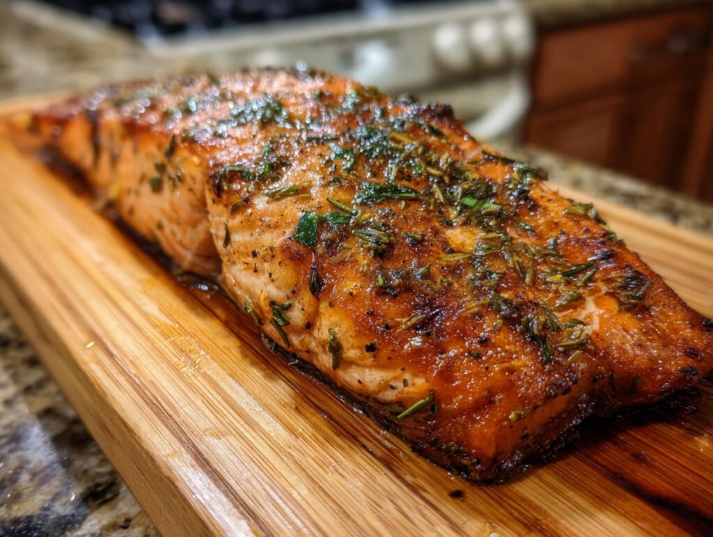 A close-up of perfectly grilled cedar plank salmon, seasoned with fresh herbs.
