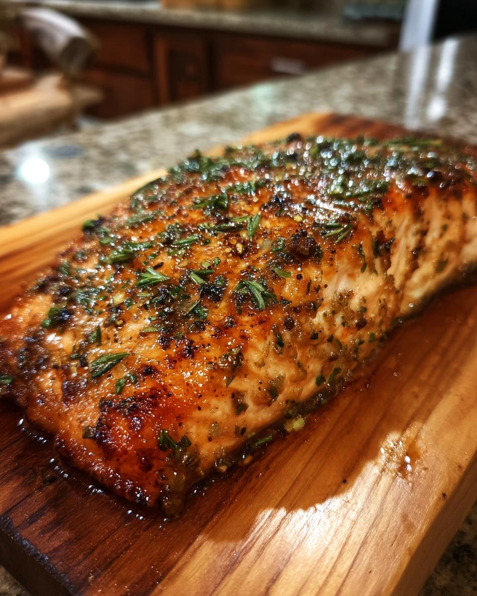 Close-up of a perfectly grilled cedar plank salmon fillet topped with fresh herbs and spices.
