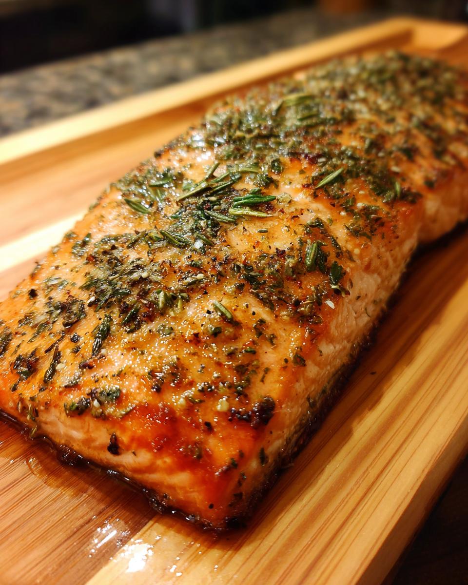 Close-up of a perfectly grilled cedar plank salmon fillet seasoned with fresh herbs.