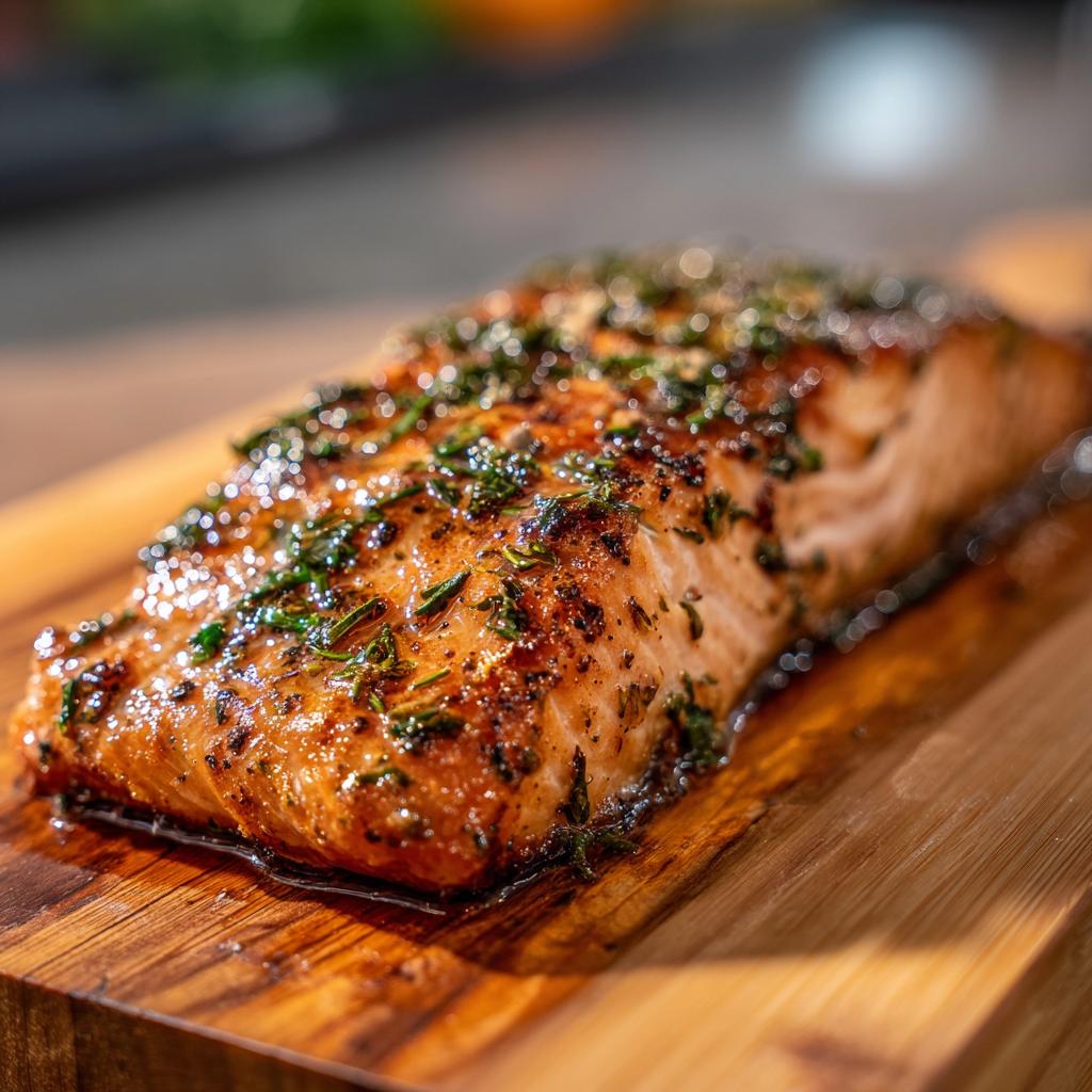 A perfectly grilled cedar plank salmon fillet topped with fresh herbs, resting on a wooden board.