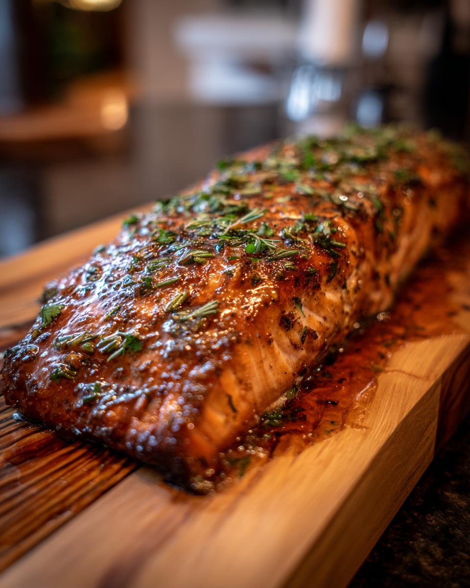 Close-up of a perfectly grilled cedar plank salmon fillet topped with fresh herbs and a glaze.