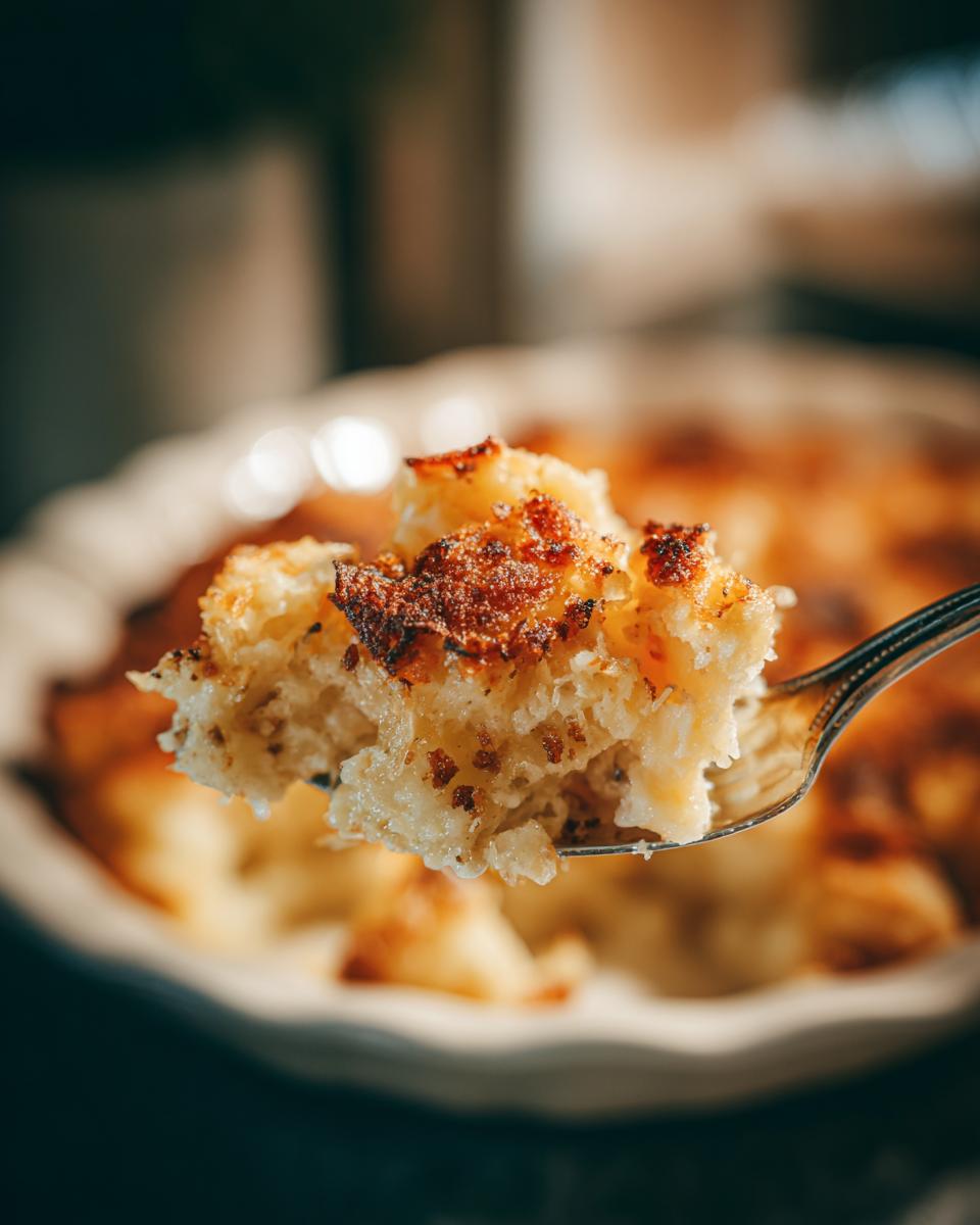 A fork lifts a cheesy bite of hash brown casserole, showing its golden-brown, crispy top.