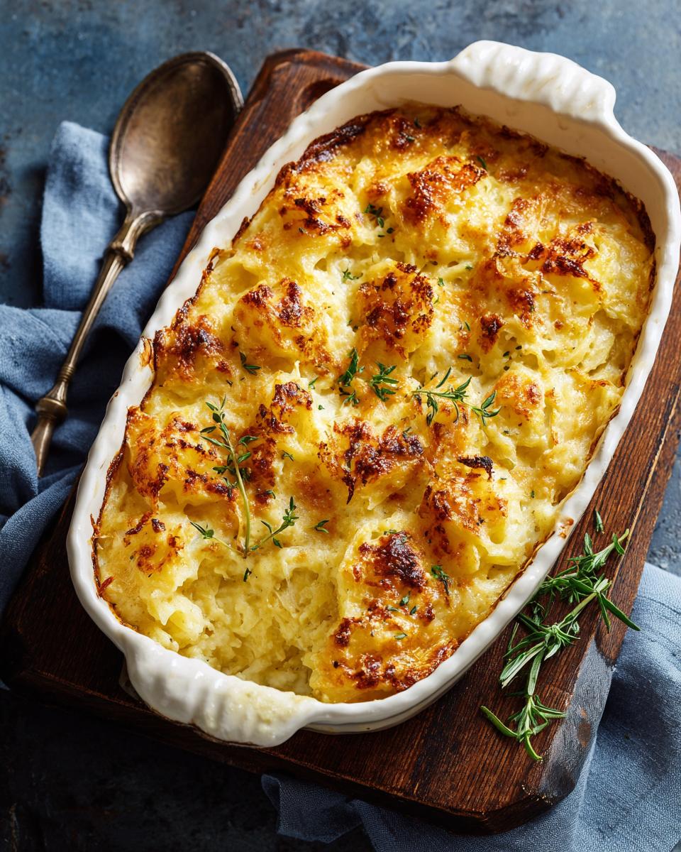 A golden-brown cheesy hash brown casserole baked in a white dish, garnished with fresh herbs.