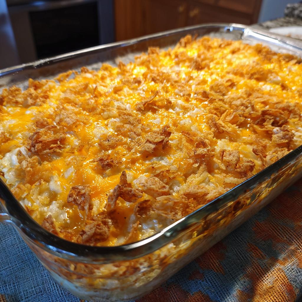 A golden-brown cheesy hash brown casserole with a crispy topping, perfect for breakfast ideas.