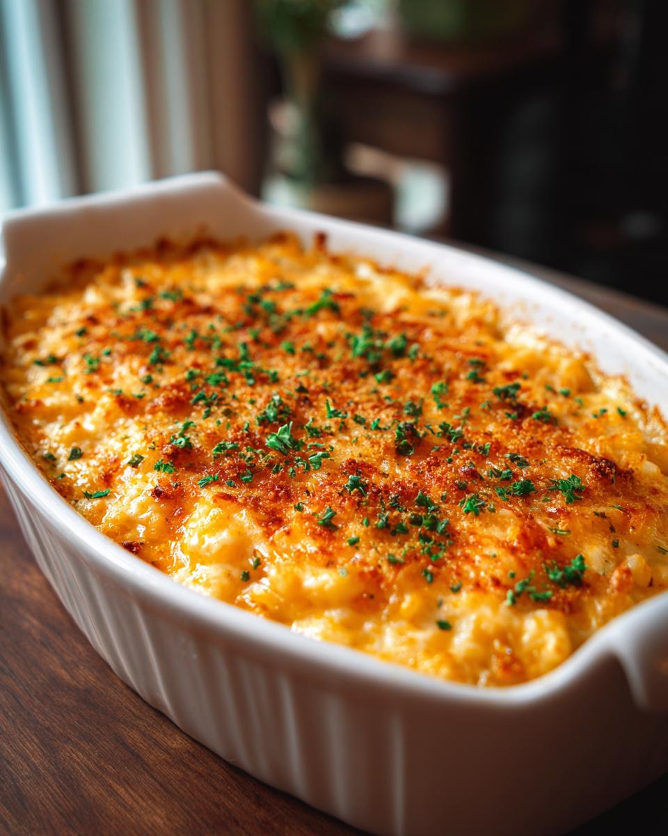 A golden-brown cheesy hash brown casserole with a crispy topping, perfect for breakfast ideas.