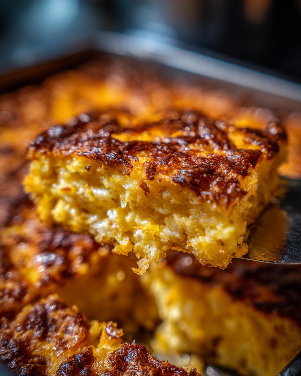 A slice of cheesy hash brown casserole being lifted from a baking dish, showing golden brown crispy edges and a creamy interior.