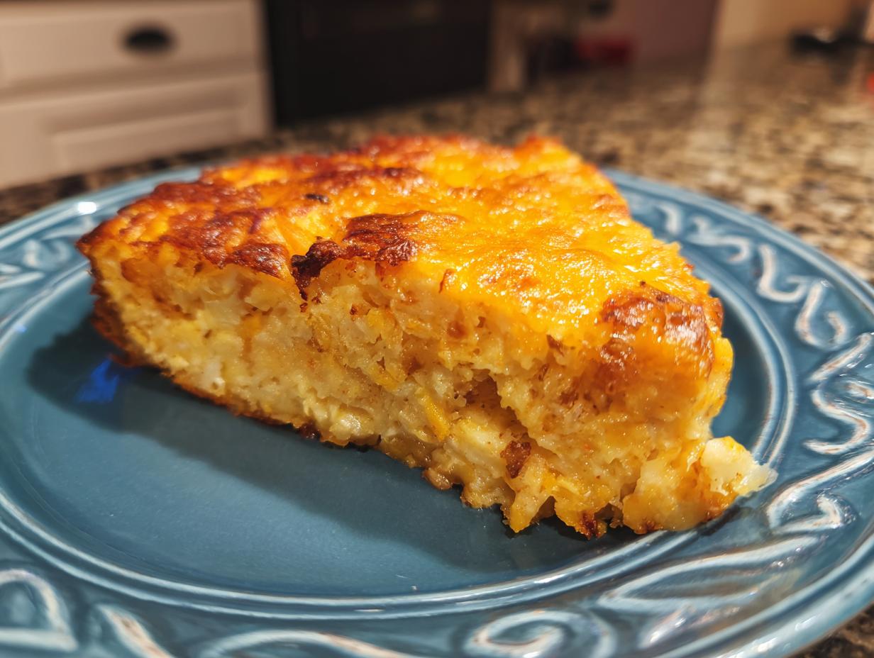 A slice of cheesy hash brown casserole on a blue plate, perfect for breakfast.
