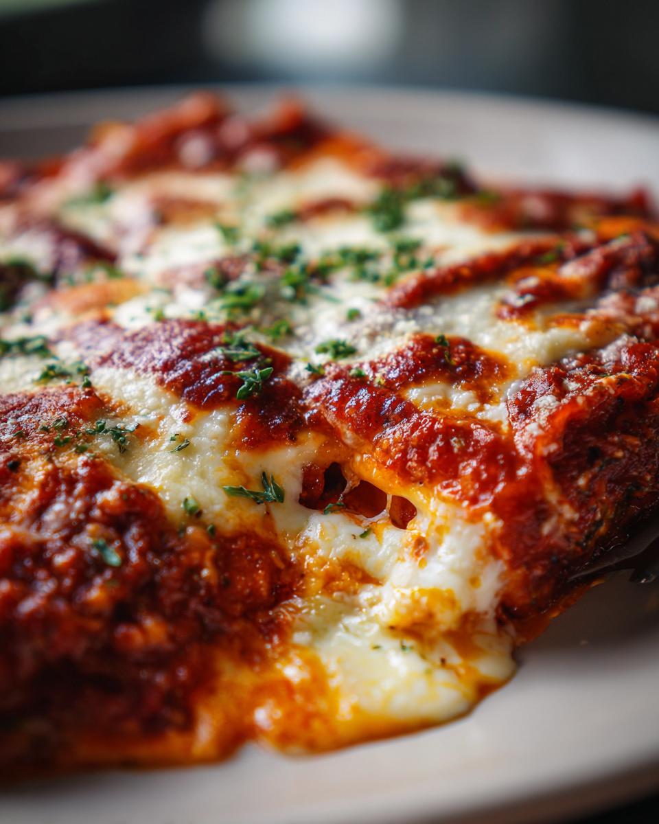 Close-up of a cheesy ravioli bake with marinara sauce and melted mozzarella cheese, garnished with parsley.