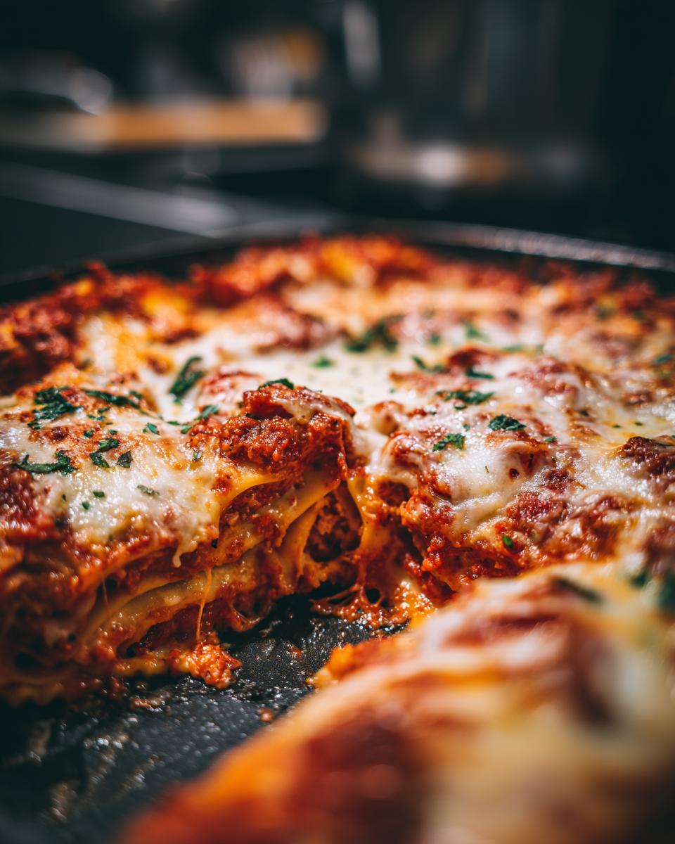 A slice of cheesy ravioli bake with melted mozzarella and rich tomato sauce, a perfect easy dinner recipe.