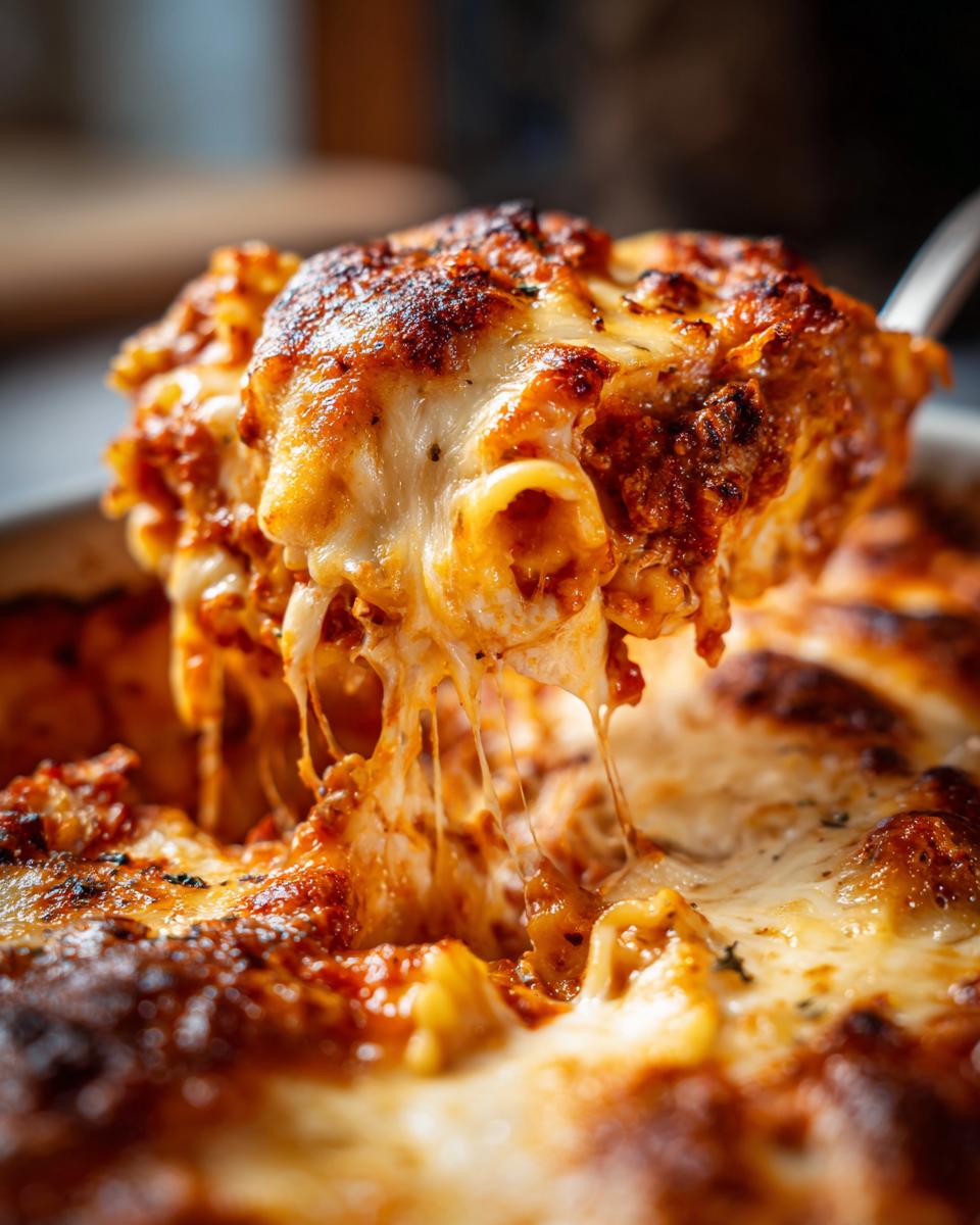 A serving spoon lifts a generous portion of cheesy ravioli bake, showing melted cheese strings and a rich tomato sauce.