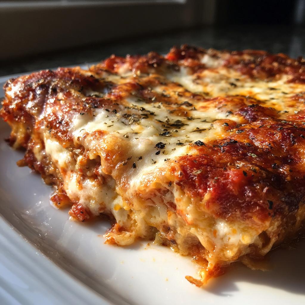 A close-up of a delicious slice of Cheesy Ravioli Bake, with melted cheese and rich tomato sauce.