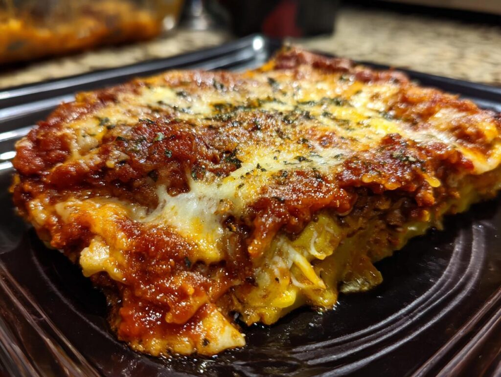 A close-up of a delicious slice of Cheesy Ravioli Bake, featuring layers of pasta, rich tomato sauce, and melted cheese.
