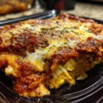 A close-up of a delicious slice of Cheesy Ravioli Bake, featuring layers of pasta, rich tomato sauce, and melted cheese.