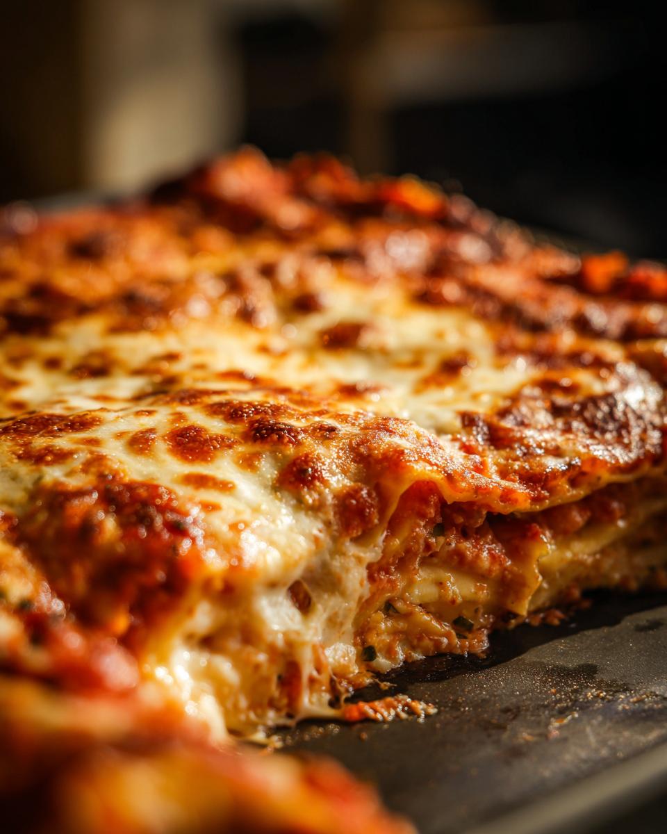 A close-up of a slice of Cheesy Ravioli Bake, showing layers of pasta, rich tomato sauce, and melted cheese.