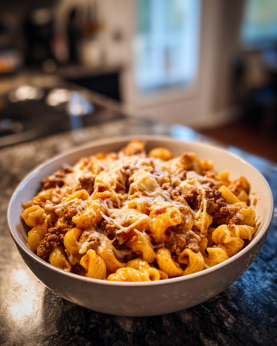 A bowl of cheesy taco pasta with ground beef, a perfect weeknight meal.