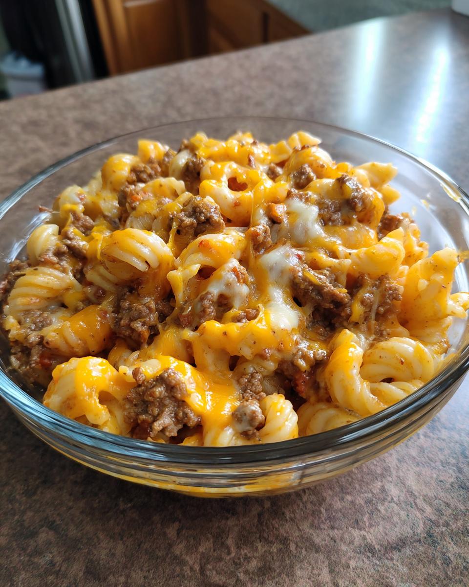 A bowl of cheesy taco pasta with ground beef, featuring spiral pasta and melted cheddar cheese.
