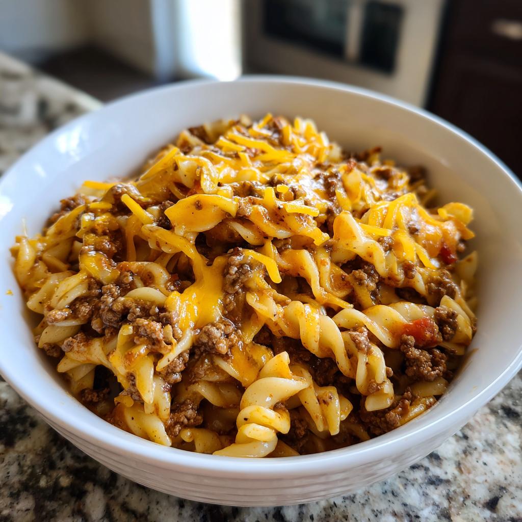 A bowl of cheesy taco pasta with ground beef and rotini noodles, topped with melted cheddar cheese.