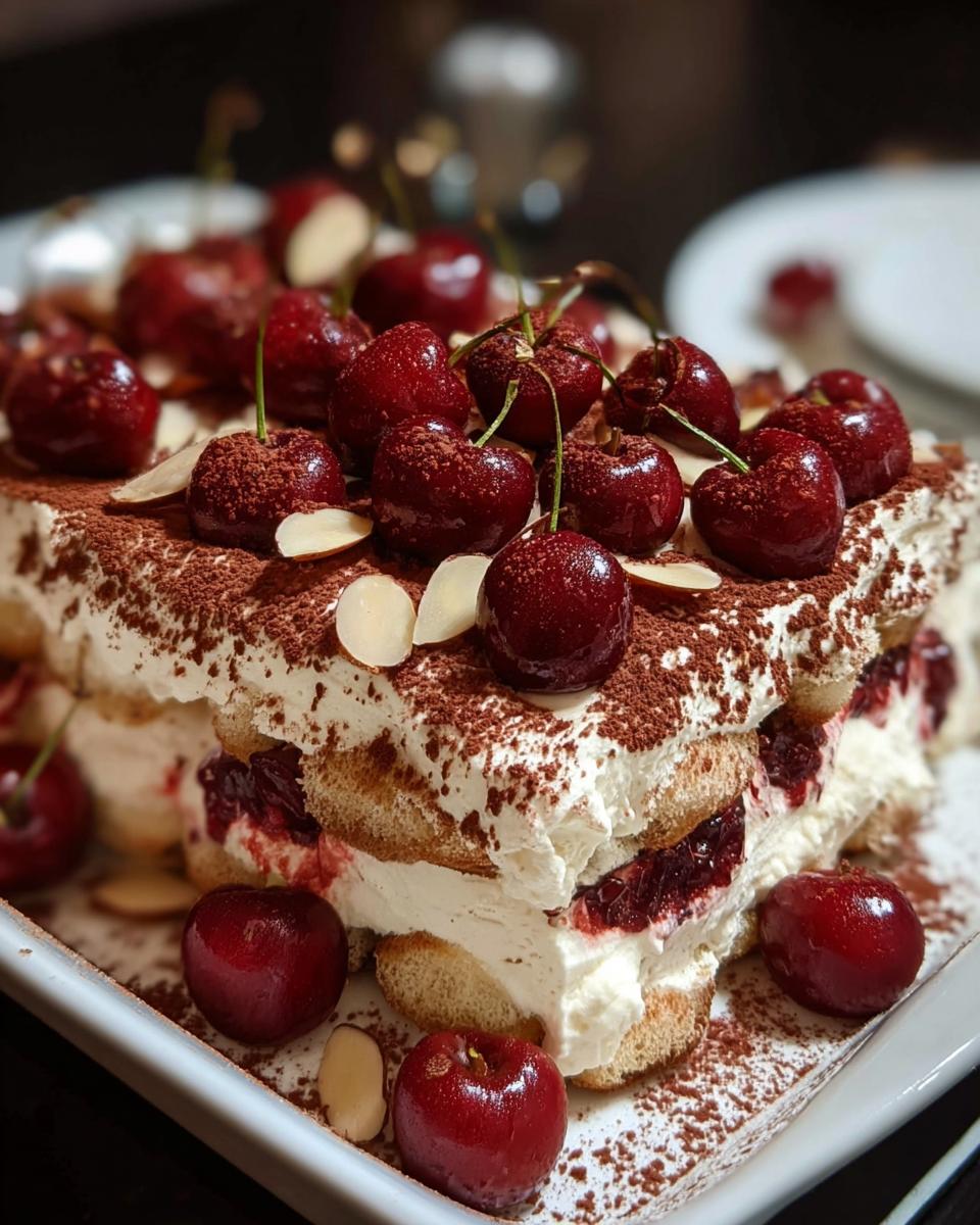 A delicious Cherry Amaretto Tiramisu layered with ladyfingers, cream, cherries, and dusted with cocoa powder.