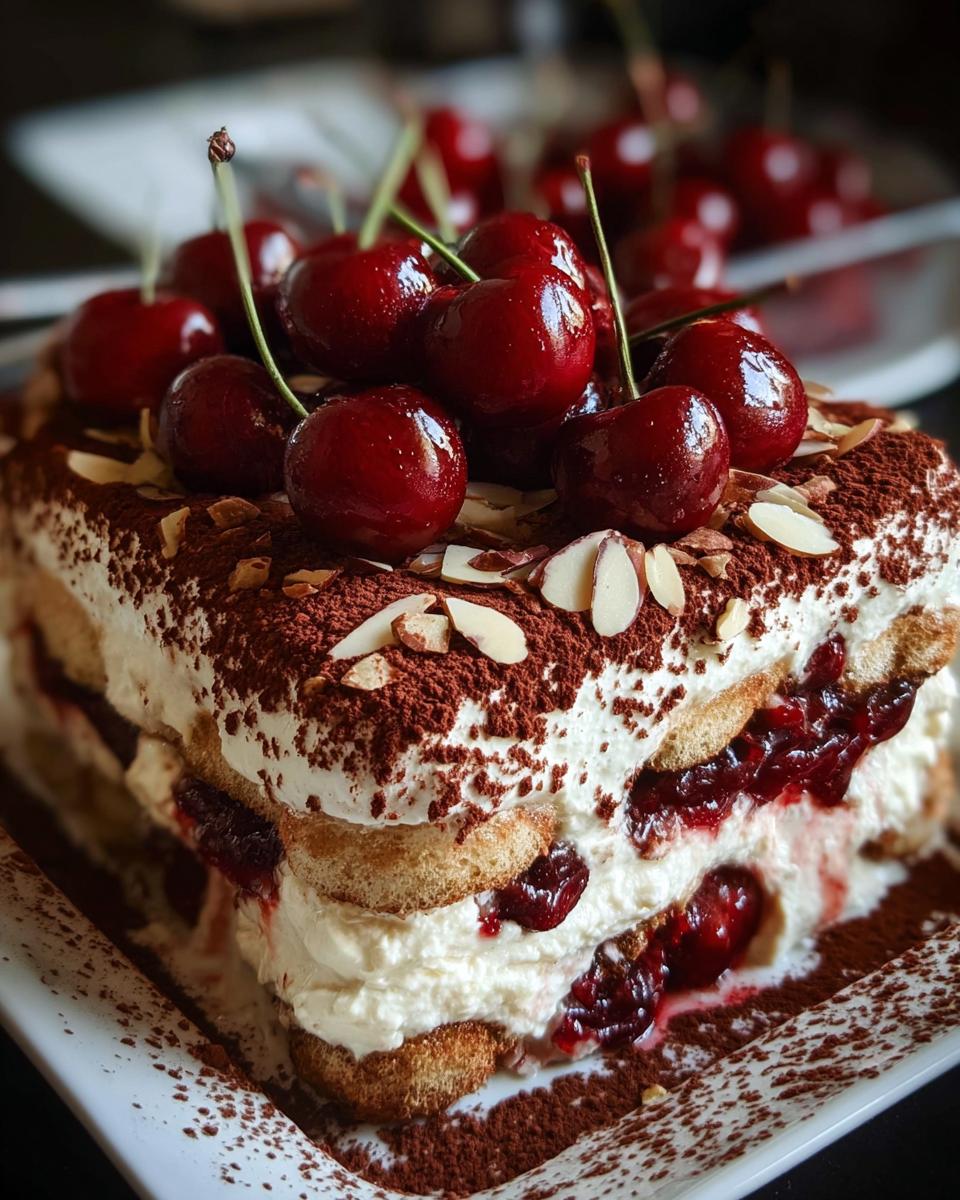 Close-up of a slice of Cherry Amaretto Tiramisu, topped with fresh cherries, cocoa powder, and almonds.