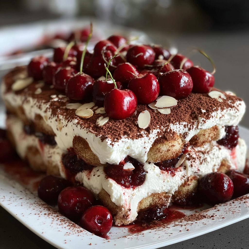 A decadent Cherry Amaretto Tiramisu layered with ladyfingers, cream, cherries, and cocoa powder, topped with fresh cherries and almonds.