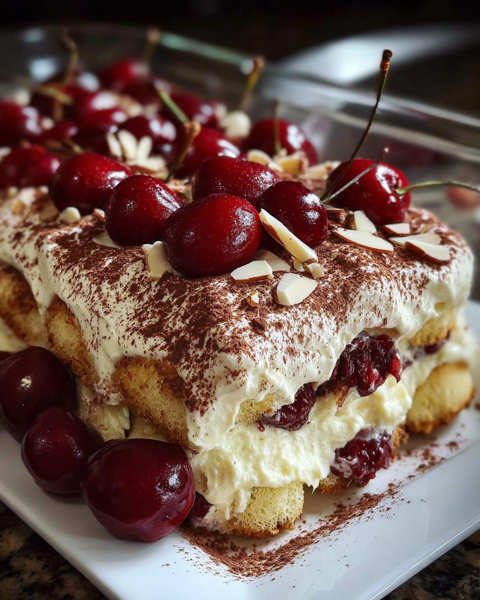 A decadent slice of Cherry Amaretto Tiramisu, layered with cream, ladyfingers, and cherries, topped with fresh cherries and cocoa powder.